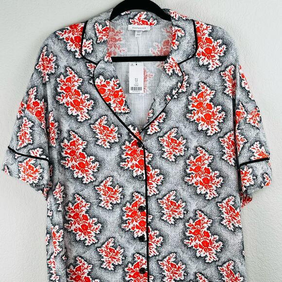 Topshop Oversized Button Front Mini Shirt Dress Orange Black Floral Linen 6 NWT - Picture 4 of 14